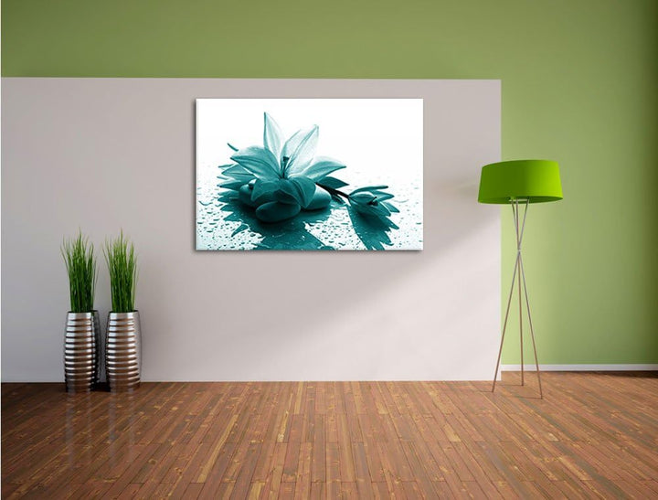 Düstere Lilie mit Zen Steinen Format: 100x70 auf Leinwand, XXL riesige Bilder fertig gerahmt mit Kei