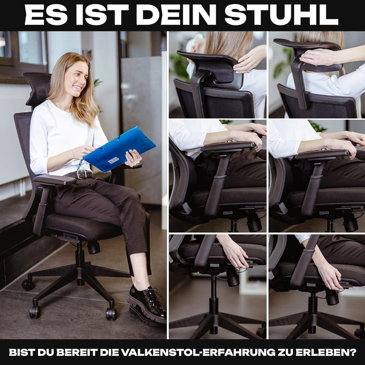 VALKENSTOL M3 Pro Ergonomischer Bürostuhl 150 kg Schwarz – [Höhenverstellbare Lordosenstütze] Schrei