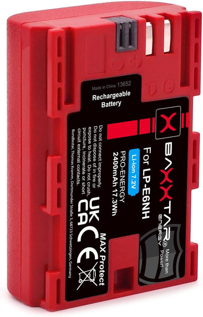 Baxxtar MaxProtect LP-E6NH Kamera-Akku (2400mAh) mit aktivem NTC-Sensor und V1 Schutzgehäuse - kompa