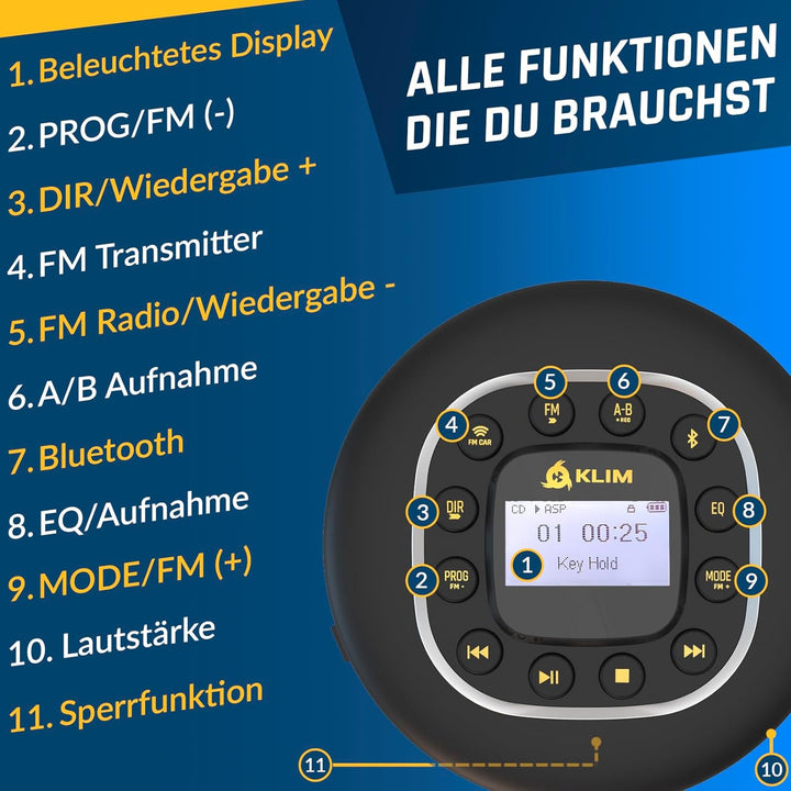 KLIM Journey + Tragbarer CD-Player Walkman mit langlebigem Akku + Mit Kopfhörern + Radio FM + Kompat
