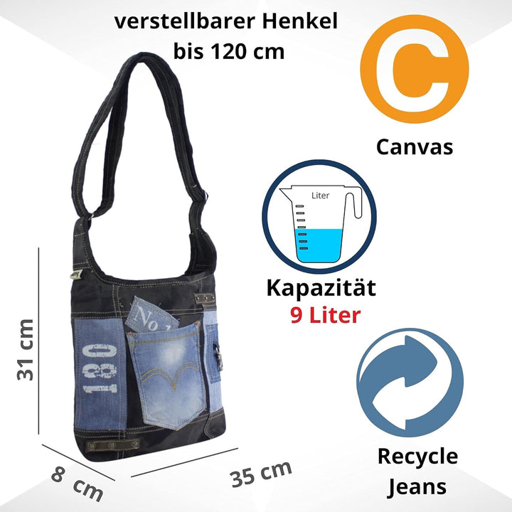 Sunsa Damen Umhängetasche aus Recycelte Jeans Canvas & Leder. Hobo Tasche schwarz/blau