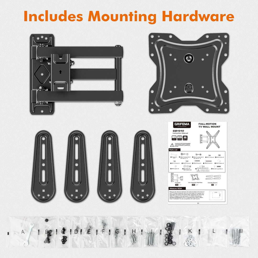 GRIFEMA GB1010 TV Wandhalterung – Schwenkbare Neigbare TV Halterung für 26–65 Zoll Flach & Curved Fe