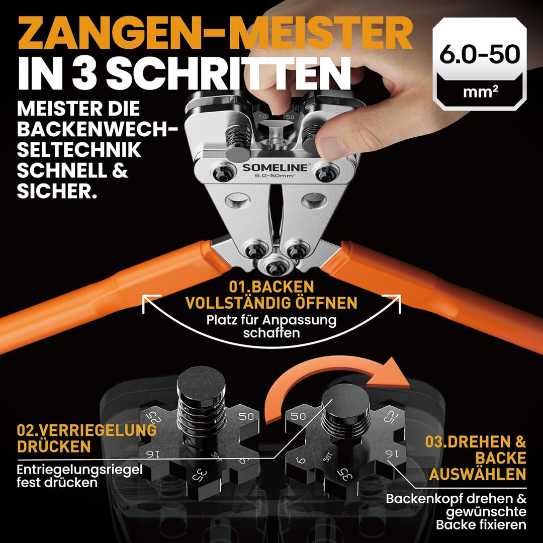 Crimpzange Kabelschuhe Set,Rohrkabelschuh Zange 6-50 mm²,Ringkabelschuhe Verzinnte Bolzenloch Kupfer