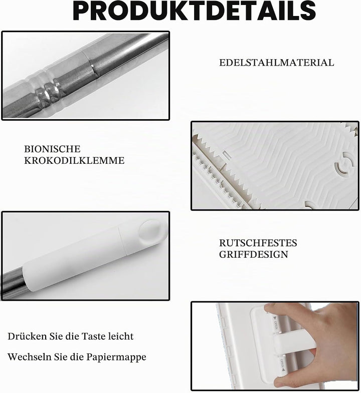 Wischmopp mit Druck-Klemm-System, Ohne Händewaschen, EIN Knopf zum Wechseln, Automatisches Klemmtuch