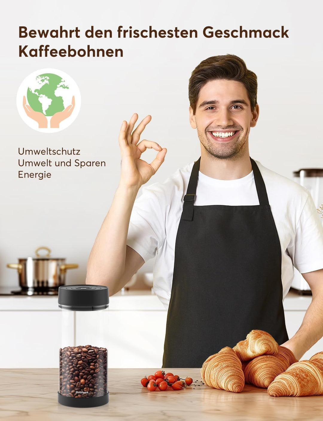 OUTPEAK Neo 2025 Automatischer Vakuum-Kaffeebehälter, 1,35 l für Kaffeebohnen, Bedienung mit einem K
