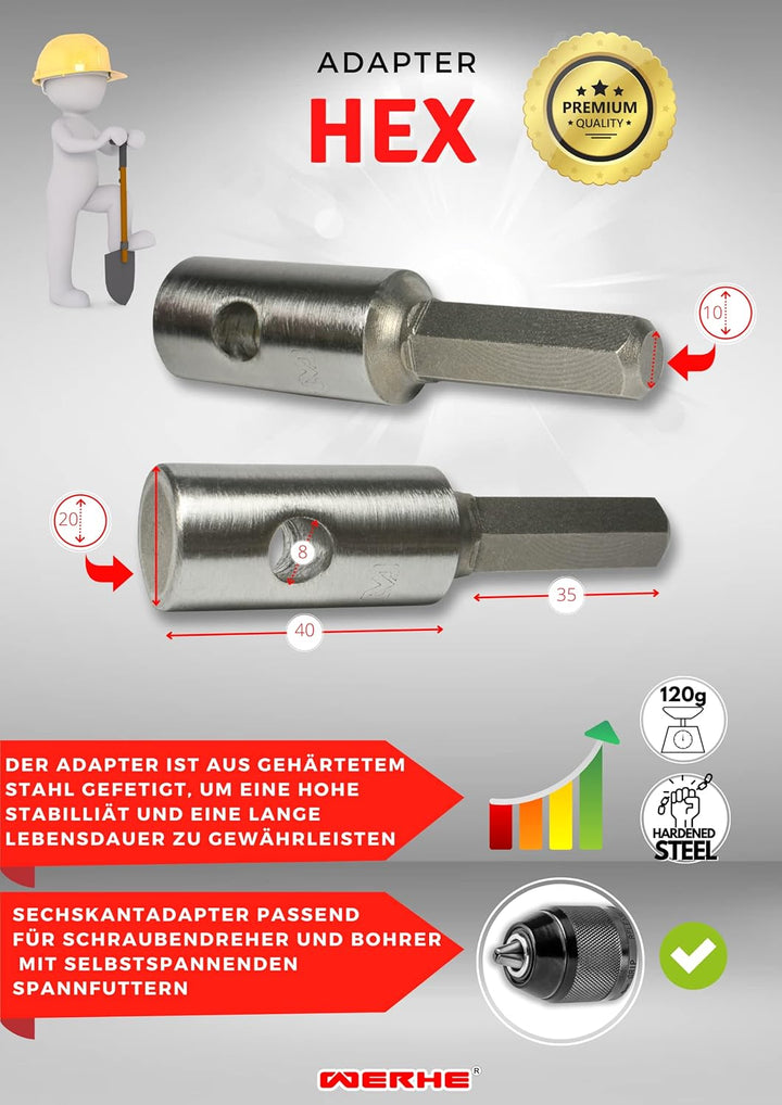 WERHE Profi Adapter Shaft für Erdbohrer passend für Hex Bohrmaschine Akkubohrmaschine Akkuschrauber