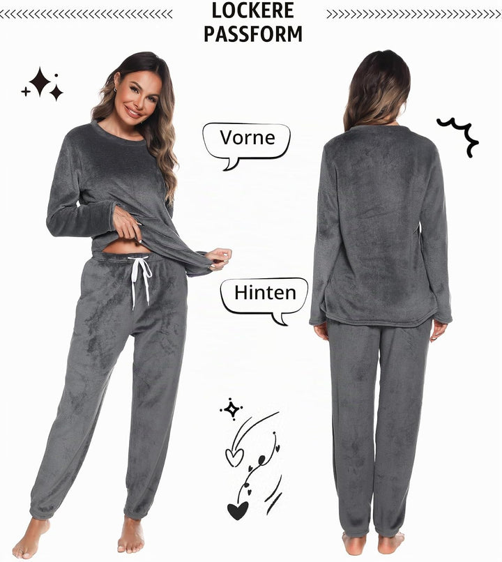 Lovasy Fleece Schlafanzug Damen Lang Winter Warmer Pyjama Set Flauschiger Frottee Schlafanzüge für D