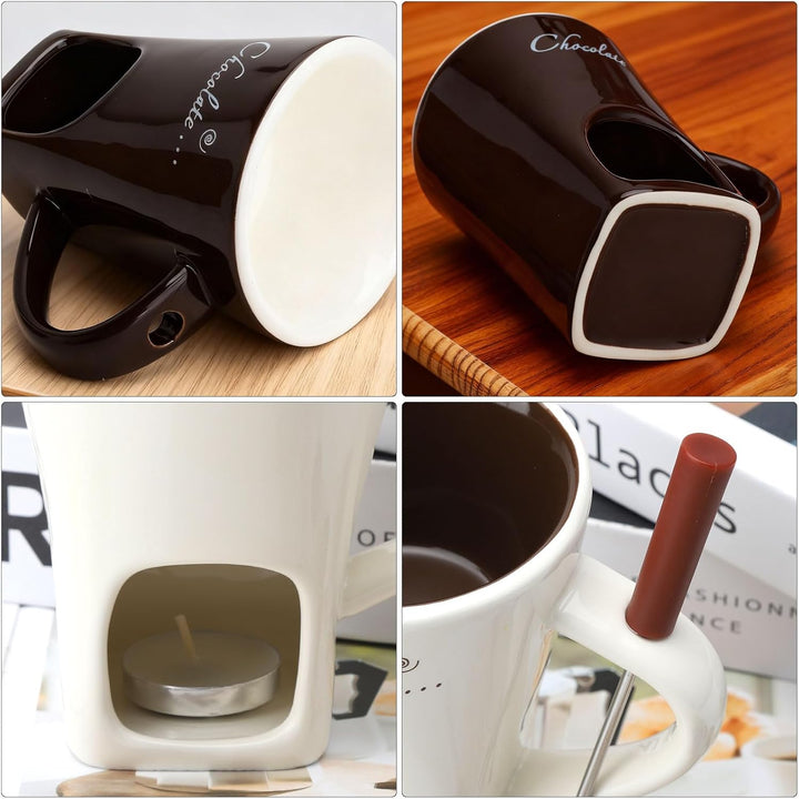 2PCS Schokofondue Tasse Keramik 130ML Schoko Fondue Cup mit Teelichthalter und Gabeln Schokoladenfon