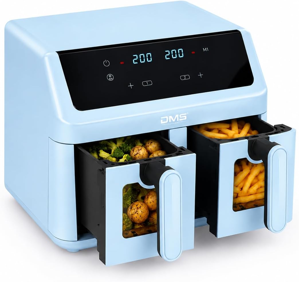 DMS® Doppelkamme Heissluftfritteuse 9L 2000W Air Fryer, 8 Programme 65–200°C | Extra grosses Fassung