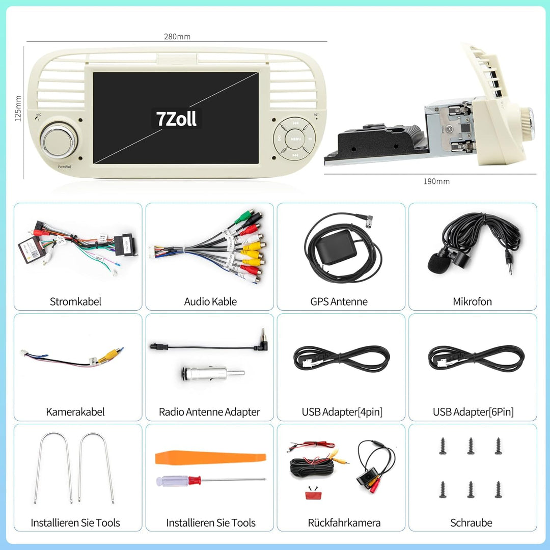 Android 13 Autoradio für FIAT 500 (2007–2015) | 7-Zoll-IPS-Touchscreen mit wasserdichter HD-Rückfahr