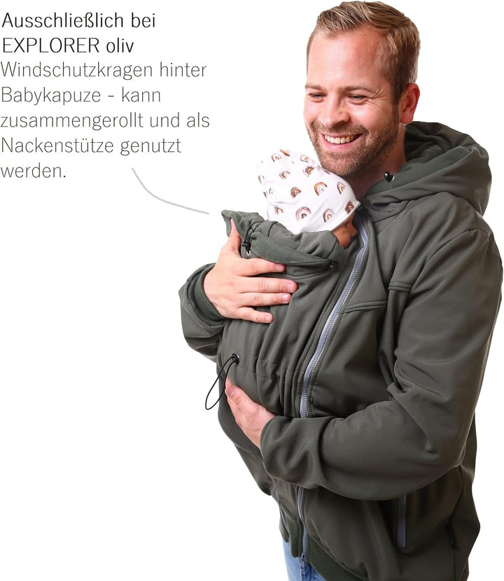 Viva la Mama - Männerjacke zum Babytragen aus Softshell - Explorer L Oliv - mit Rückentragemöglichke