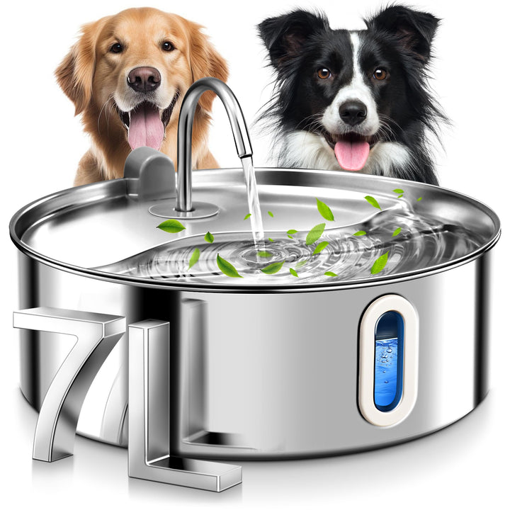 FUKUMARU 7L Trinkbrunnen für Hunde, Katzenbrunnen mit 5-Schicht Filtration und LED -Licht，Edelstahl