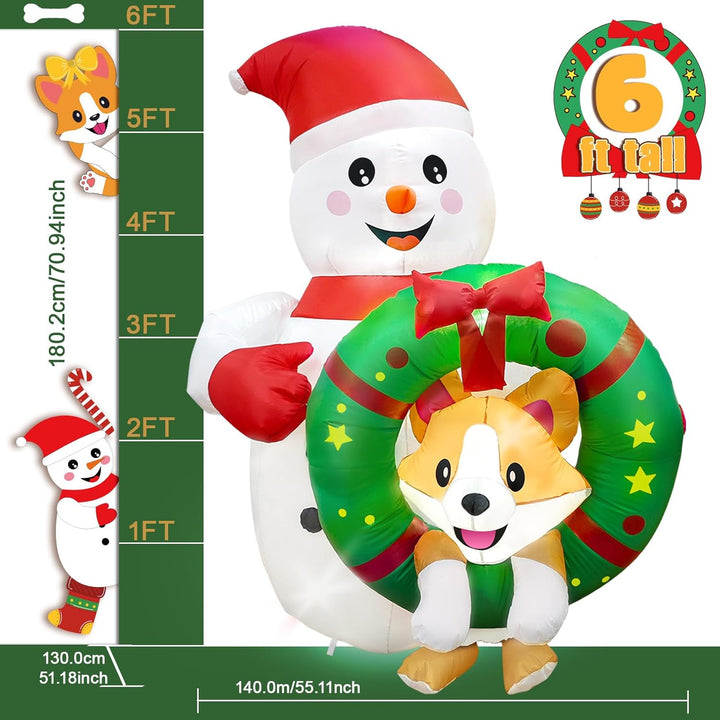 1.8 M Aufblasbare Weihnachtsdeko Aussen, Lustiger Schneemann Aufblasbar mit Corgi im Kranz, Outdoor