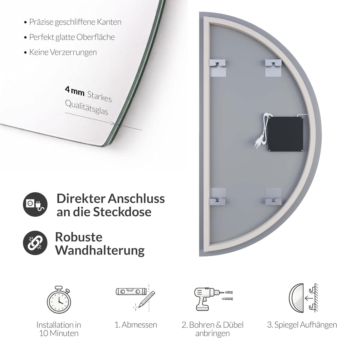 Planetmöbel NIVORA Spiegel mit Beleuchtung halbrund Spiegel mit LED-Licht, Dekorativer Wandspiegel m