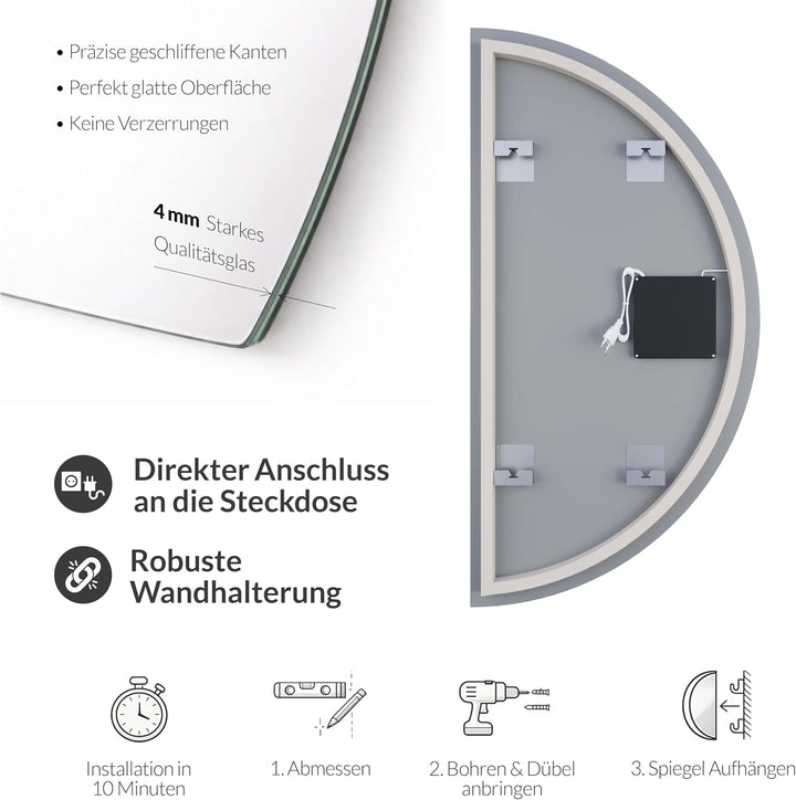 Planetmöbel NIVORA Spiegel mit Beleuchtung halbrund Spiegel mit LED-Licht, Dekorativer Wandspiegel m