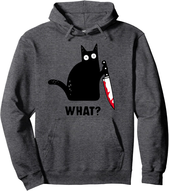Cat What? Lustiges schwarzes Katzen-Hemd, mörderische Katze mit Messer Pullover Hoodie