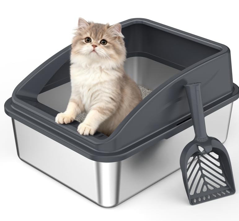 FURTIME Katzenklo Edelstahl, Katzentoilette Edelstahl 18L mit Schaufel, Katzenklo Metall mit Hochwan