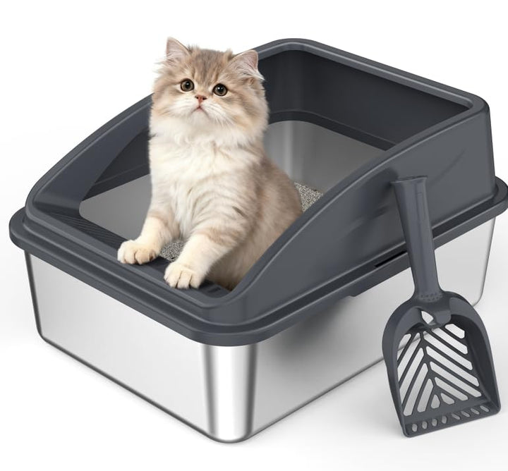 FURTIME Katzenklo Edelstahl, Katzentoilette Edelstahl 18L mit Schaufel, Katzenklo Metall mit Hochwan