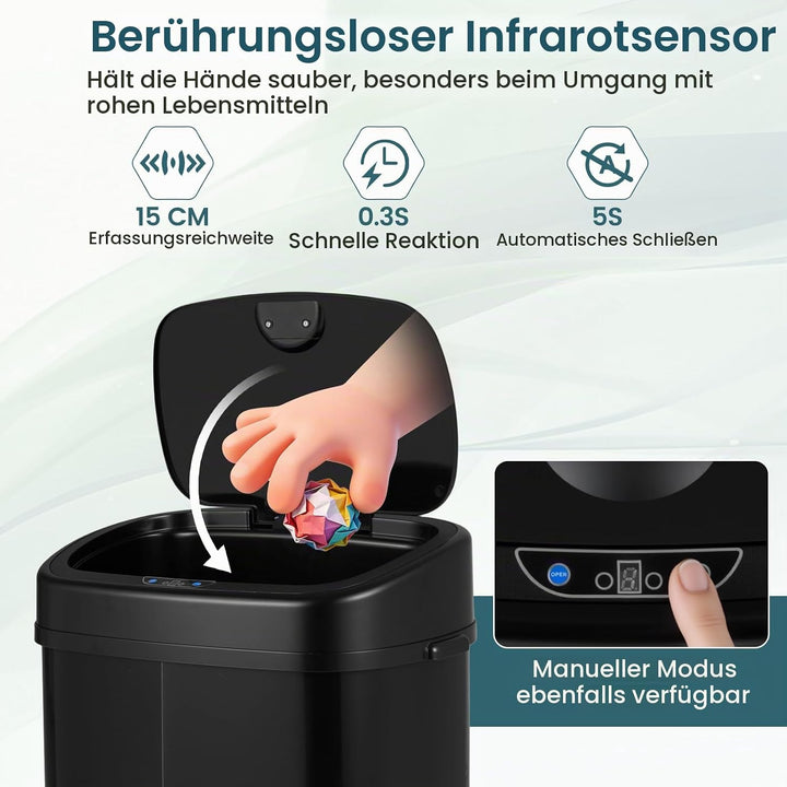 COSTWAY Mülleimer Küche, 68 L Mülltrennsystem 2 Fächer, Abfalleimer aus Edelstahl mit Sensor &amp; Soft-