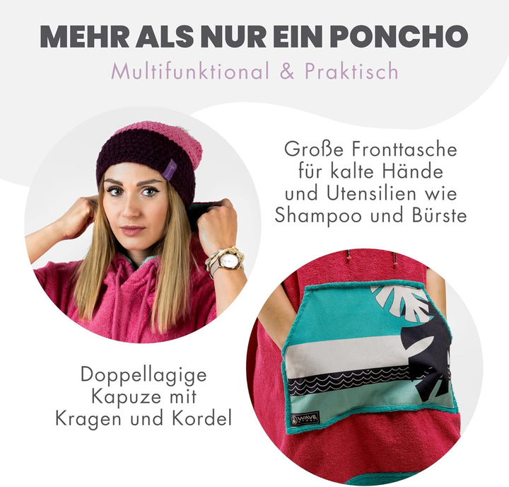 WAVE HAWAII Poncho Pink Wave Surfponcho 100% Baumwolle für Körpergrössen von 145-175 cm Umkleidehilf