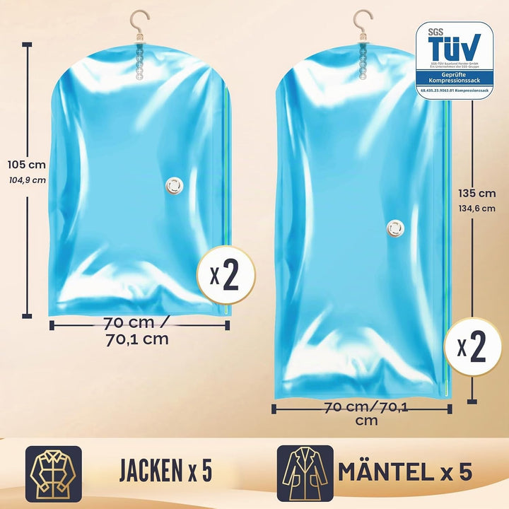 TAILI Hängende Vakuumbeutel für Kleidung, 4 Packungen (2 lange 135x70cm & 2 kurze 105x70cm), Blau Va