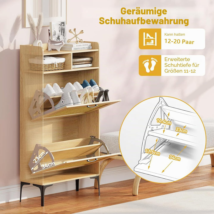 Dripex Schuhschrank, Schuhkipper mit 2 Flip-Schubladen,Schuhregal schmal mit Metallfüssen, verstellb