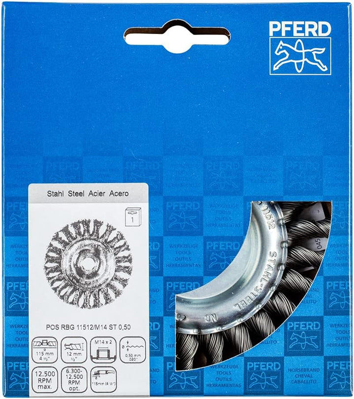 PFERD TOOLS Rundbürste gezopft RBG | Ø 115x12mm M14 Stahl-Draht-ø 0,50 | 43312002 – für Winkelschlei