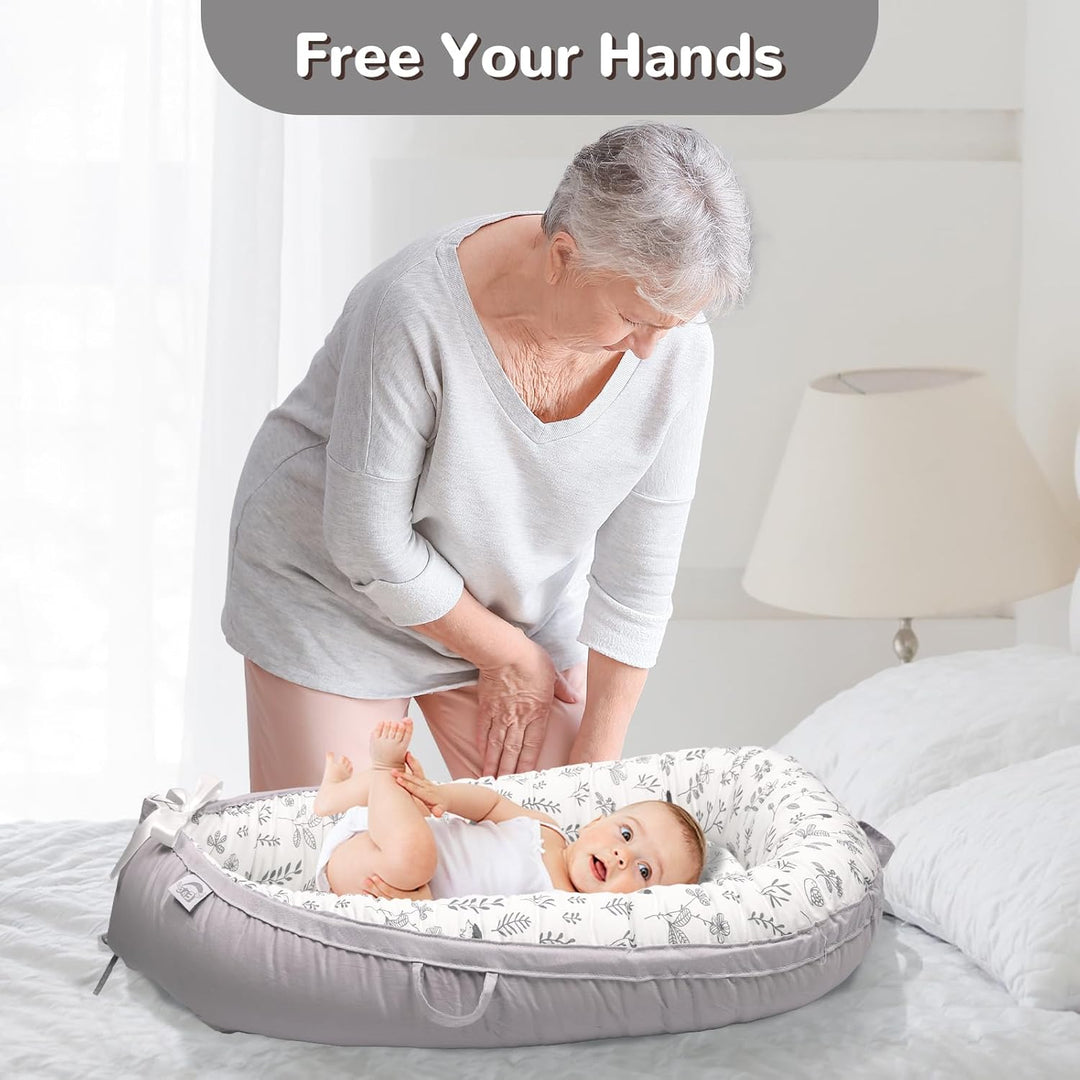 EAQ Babynest Nestchen Baby Weiches Atmungsaktives baby bett Blätter Hellgrau, Blätter Hellgrau
