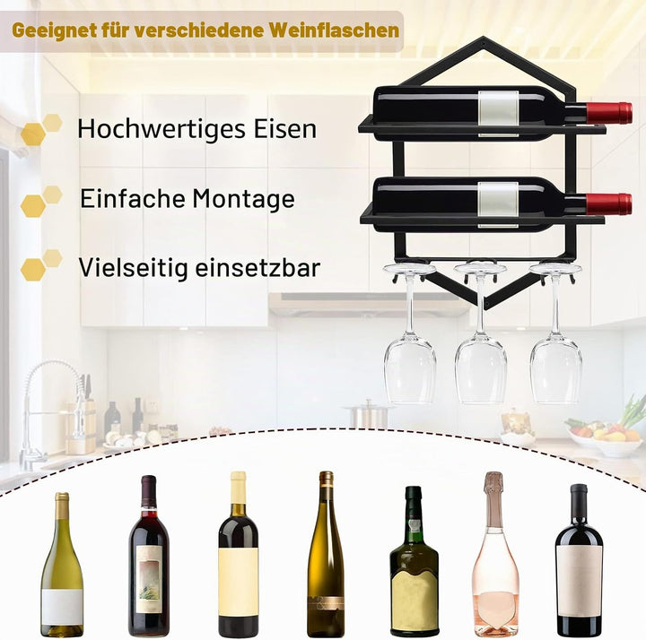 Giyiprpi Metall Wandmontierter Weinhalter Rack, Weinglashalter Hängend Stehen Organizer für 2 Flasch