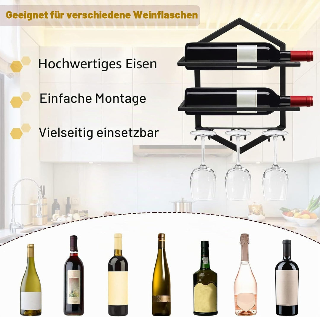 Metall Wandmontierter Weinhalter Rack, Weinglashalter Hängend Stehen Organizer für 2 Flaschen und 3