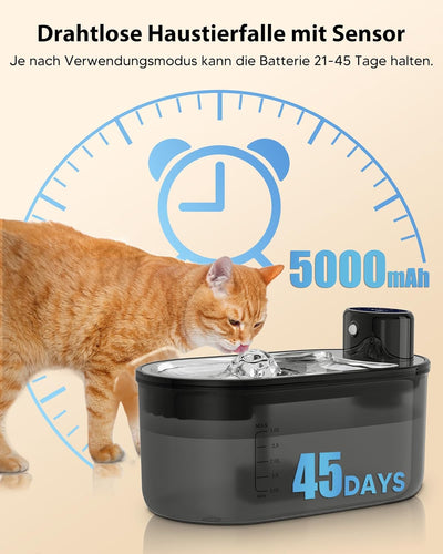 TOMXCUTE 3,0 l Katzenbrunnen mit Bewegungsmelder, Kabelloser Trinkbrunnen Für Katze, 𝟒𝟎𝟎𝟎𝐦𝐀𝐡 𝐀𝐤𝐤𝐮 Ba