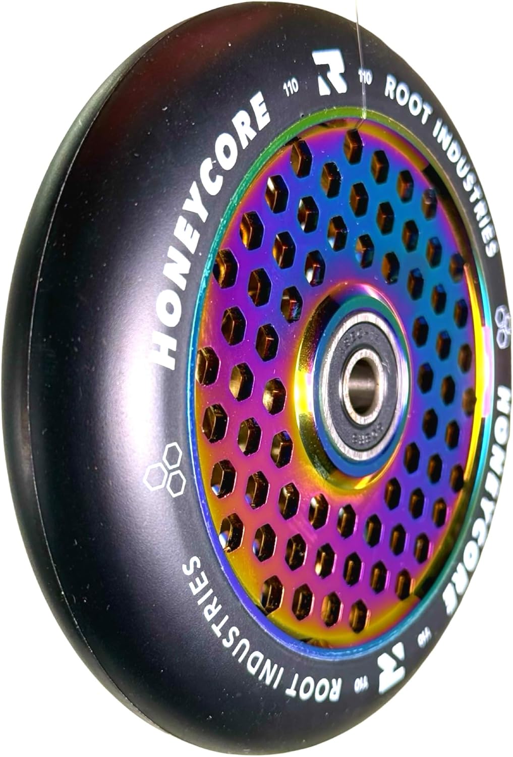 Root Industrie Air Honeycore 110mm Stunt-Scooter Rolle + Fantic26 Sticker (Rainbow Neochrome/Pu Schw
