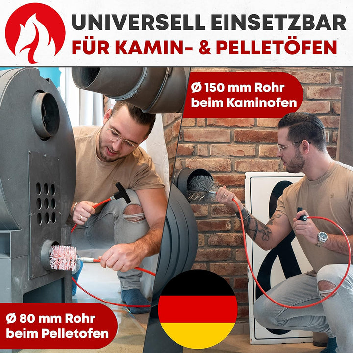 Kaminofen und Pelletofen Reinigungsset, mit flexibler Schubstange, 80 und 150 mm