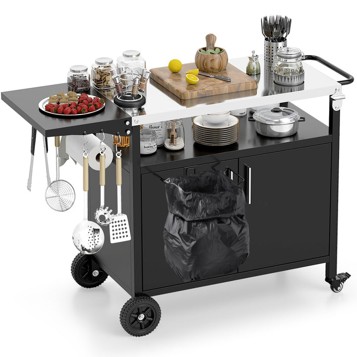 COSTWAY Grillwagen Outdoor, Grilltisch mit Edelstahlplatte, klappbarem Seitentisch, Schrank, 6 Haken