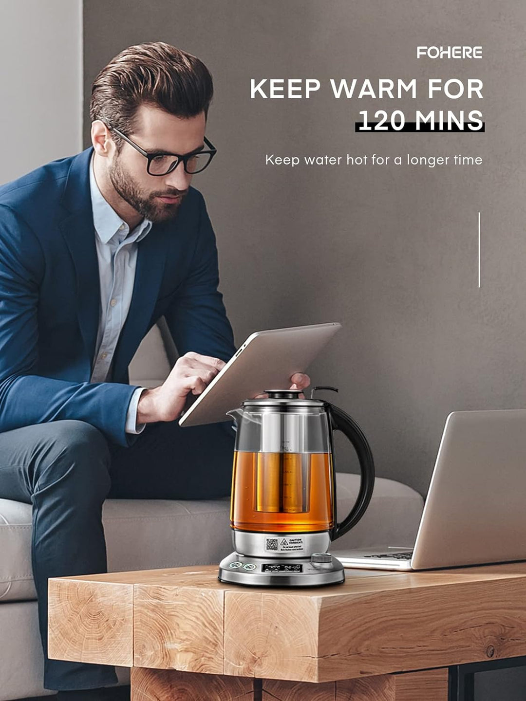 FOHERE Wasserkocher, Glas Wasserkocher mit 9 Temp-Voreinstellungen - Teekocher mit Herausnehmbarem T