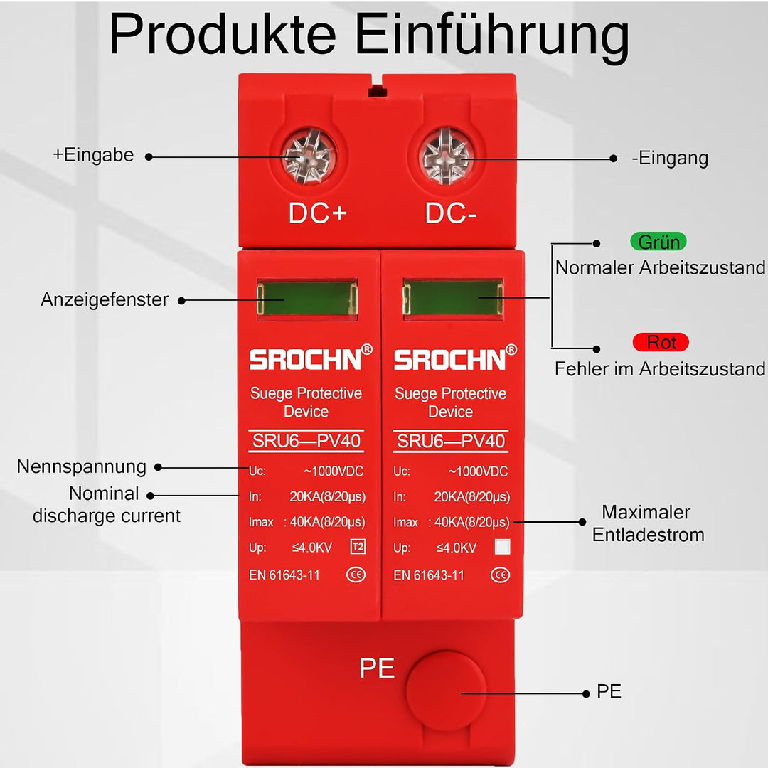 Warmfay Überspannungsschutz PV 2P 20-40KA, 1000V DC Photovoltaic Lightning Protector Niederspannungs