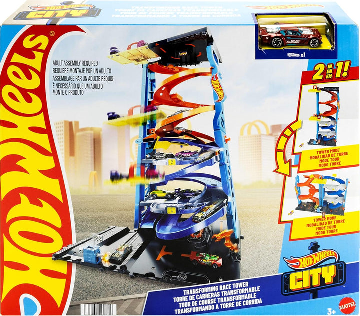 Hot Wheels City Trackset mit 1 Auto, 2-in-1-Rennturm, von Einzelbahn in zweispurige Rennbahn umwande