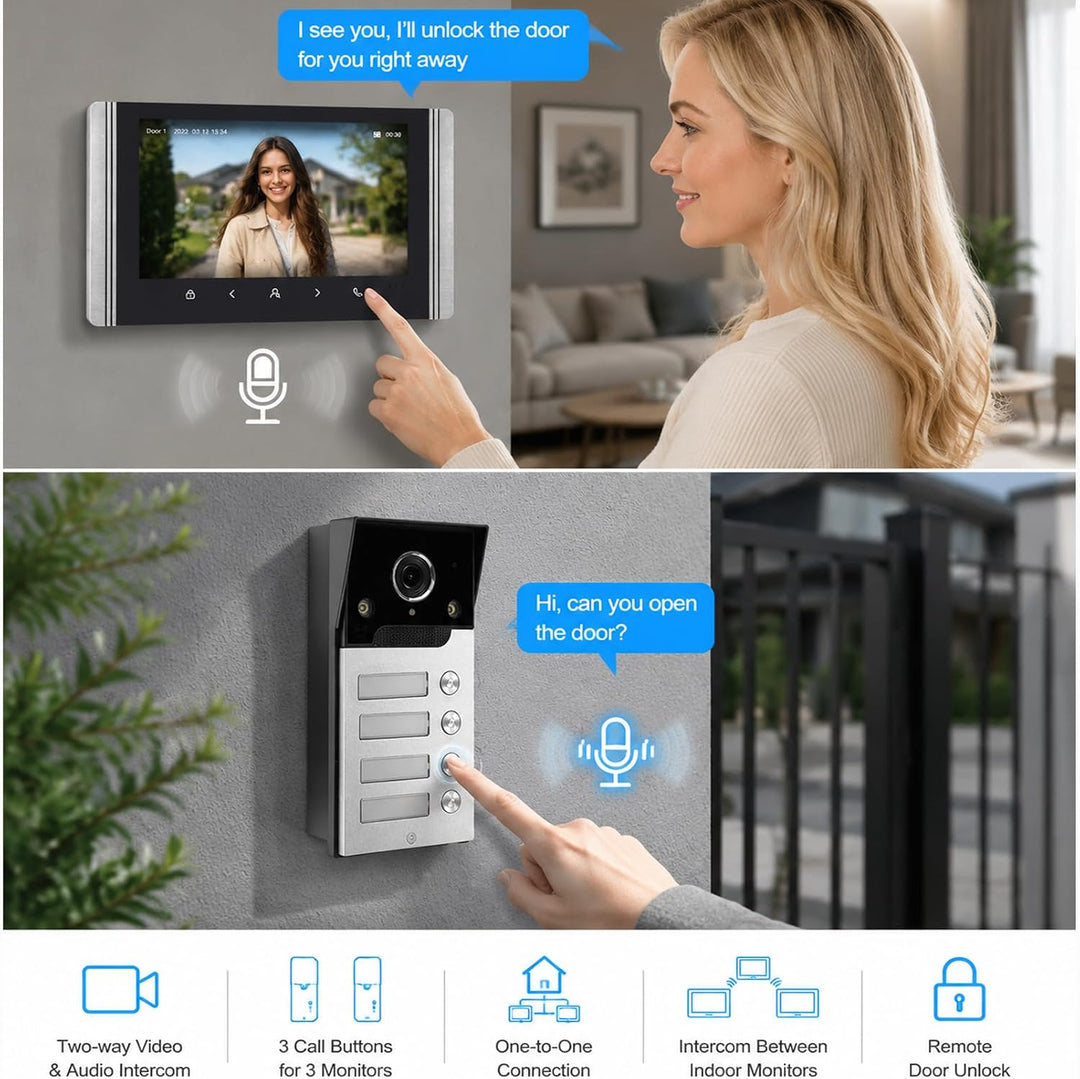 FTes RFKits WLAN Wireless Video Türsprechanlage,1080P Aussenkamera,7 Zoll Touchscreen Wireless Monit