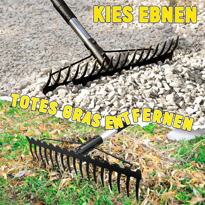 Gartenrechen, 1,7m Metallrechen mit 17 Stahlzinken, Harke mit Edelstahlgriff zum Lockern von Boden u