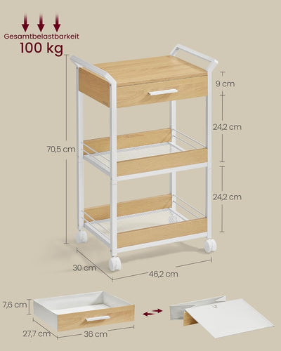 VASAGLE Rollwagen, Küchenwagen 3 Ebenen, Servierwagen mit Bremsen, Holzspanplatte, obere Schublade,