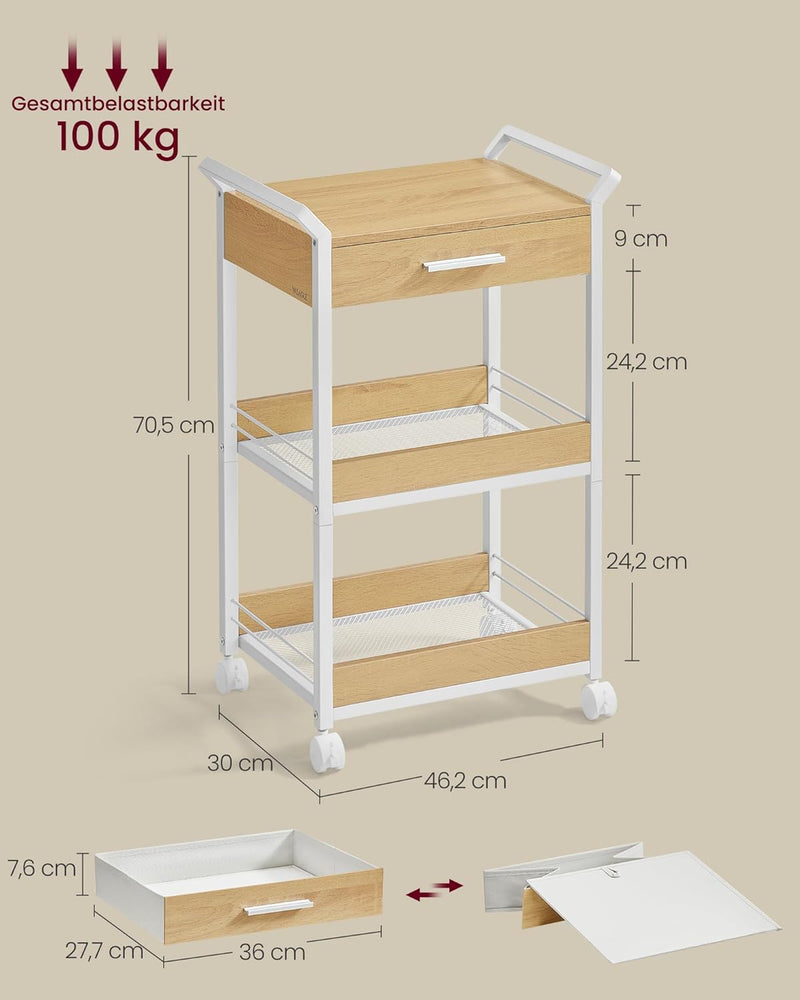VASAGLE Rollwagen, Küchenwagen 3 Ebenen, Servierwagen mit Bremsen, Holzspanplatte, obere Schublade,