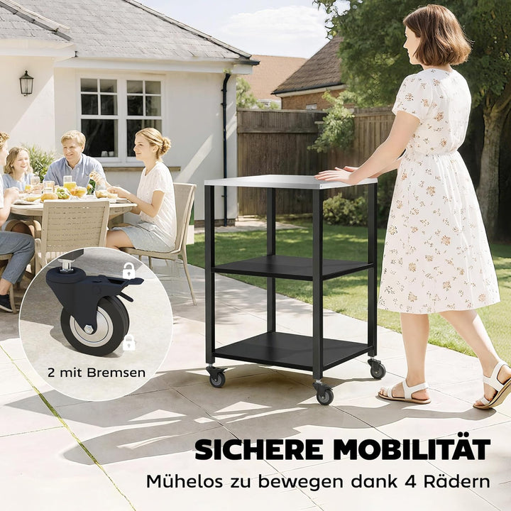 Outsunny Grillwagen 3-Etagen Grilltisch mit Edelstahl Arbeitsfläche Rollen mobiler Servierwagen Outd