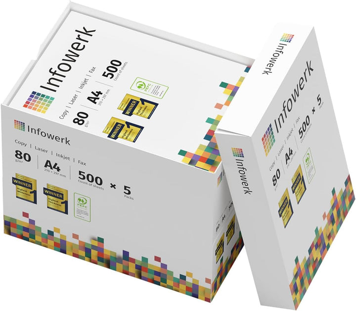 Infowerk Druckerpapier Kopierpapier 2500 Blatt 5 x 500 A4 80g Premium Weiss Testsieger PEFC