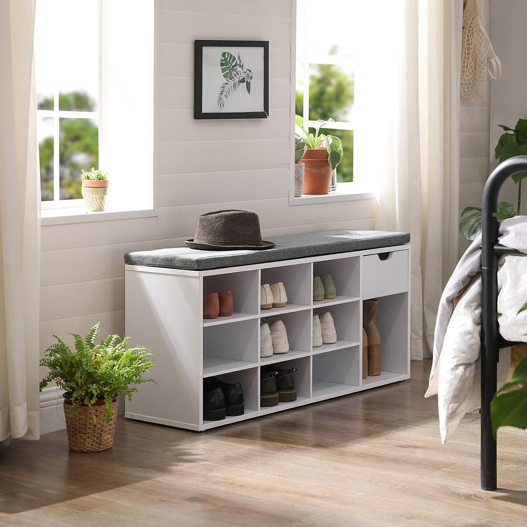 VASAGLE Schuhbank, Schuhregal mit Schublade und offenen Fächern, Sitzbank, gepolsterter Sitz, Flur,