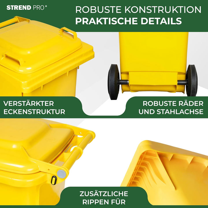 Strend Pro Mülltonne 120L Gelb | Gelbe Tonne für Plastik & Verpackungen | Mülleimer mit Deckel & Räd