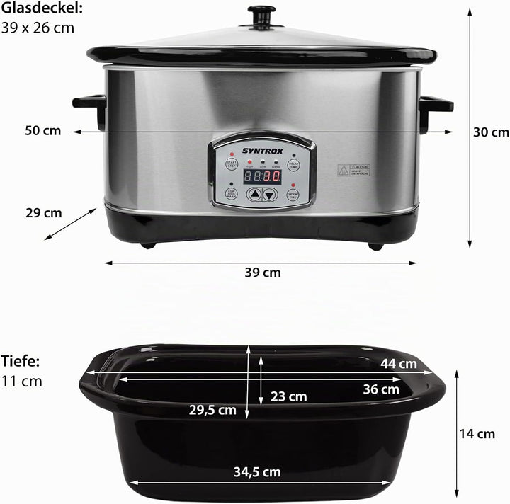 Syntrox Germany Digitaler Slow Cooker Schongarer 7,5L mit 3 Heizstufen, Timer und Warmhaltefunktion