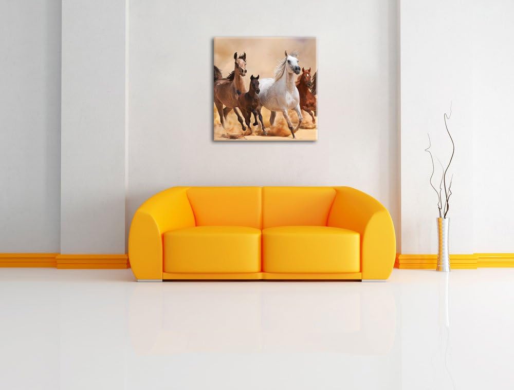 Pixxprint Western Pferde mit Fohlen als Leinwandbild/Grösse: 70x70 cm/Wandbild/Kunstdruck/fertig bes