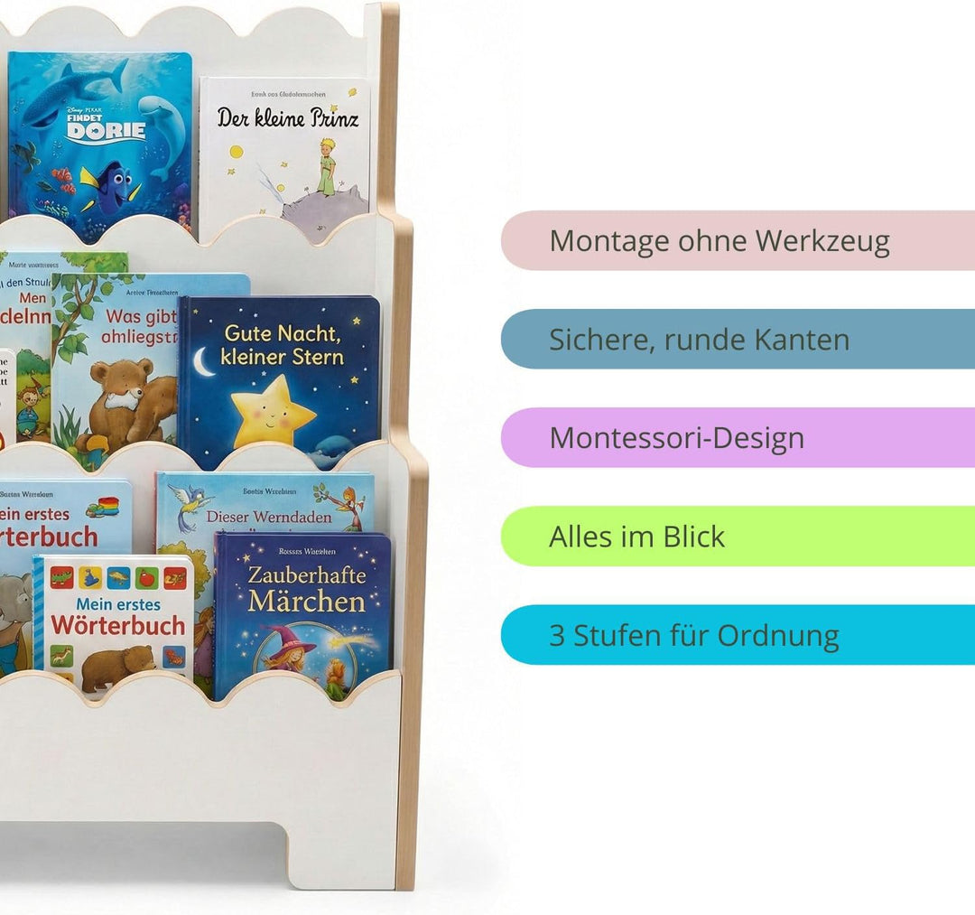 Montessori Kinderregal Weiss – Stabiles Bücherregal für Kinder – Regal für Spielzeug und Bücher – Er
