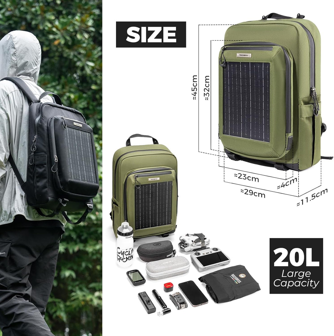 ROCKBROS Solarrucksack Solar Rucksack 20L mit Flexiblem Abnehmbarem 10V 14W Solarpanel Solarpanelruc