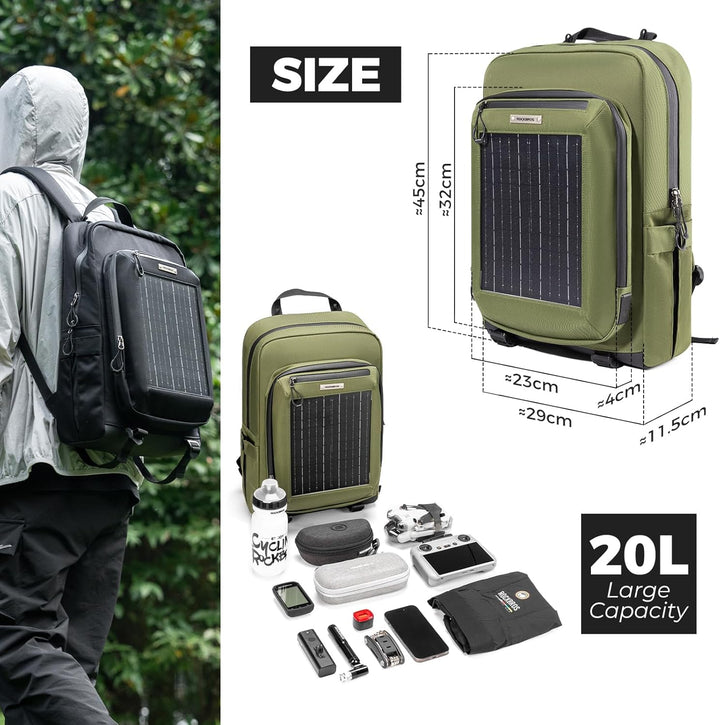 ROCKBROS Solarrucksack Solar Rucksack 20L mit Flexiblem Abnehmbarem 10V 14W Solarpanel Solarpanelruc